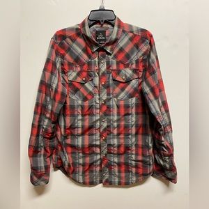 EUC Prana Red Gray Black Plaid Snap Front Western Shirt SZ M